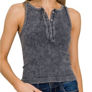 NWT ZENANA Ash Black Acid Washed Button Tank S/M L/XL